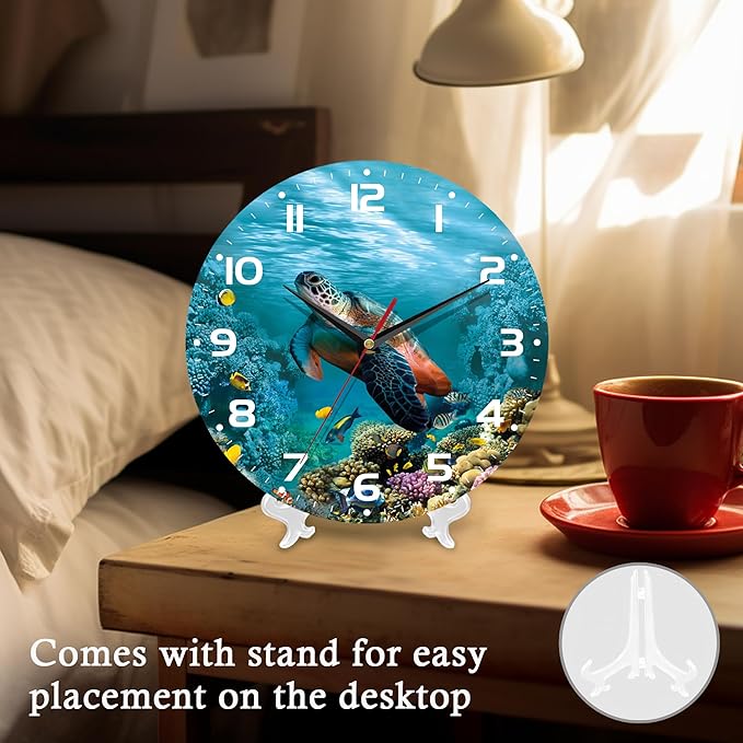 Wall Clock, 10 Inch Silent Non-Ticking Home Kitchen Decor, Battery Operated for Bathroom Bedroom Living Room Office(Sea Turtle Ocean Animals)