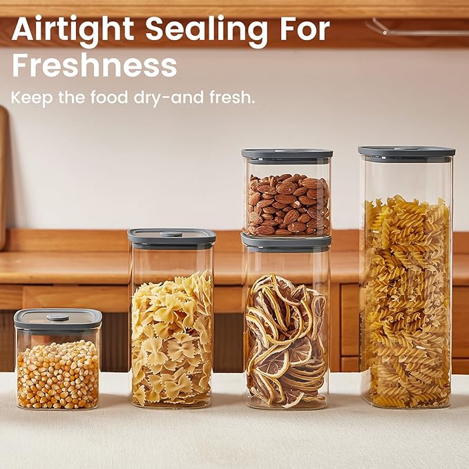 Square Glass Food Storage Jars with Lids[Set of 5], Perfect for Pasta, Cookies, Nuts, Coffee, Cereal, Flour,Organize Your Kitchen with these BPA-Free Glass Jars with Silicone Lids