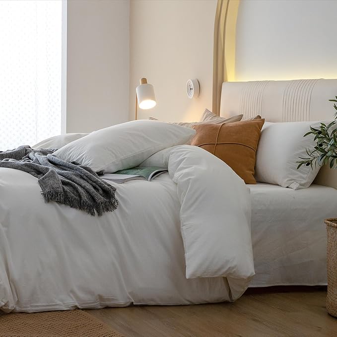 JIYUAN 100% Washed Cotton Duvet Cover Set 3 Pieces Super King, 1 Duvet Cover 108x98 Inches(Comforter Not Included) and 2 Pillowcases,Linen Feel Bedding Set Comfy and Breathable,Off White