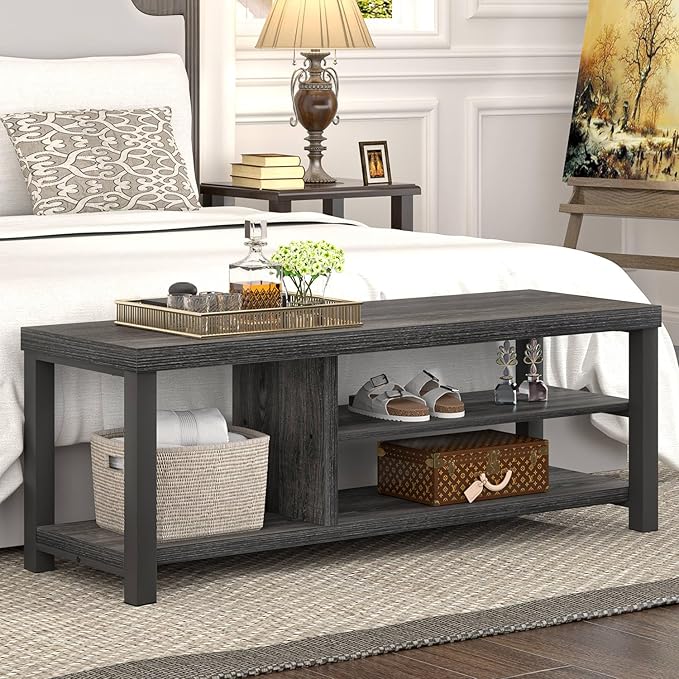 FOLUBAN Entryway Bench with Shoe Storage, Vintage End of Bed Bench, Rustic Wooden Entry Bench for Hallway Front Door Entrance, Industrial Indoor Bench for Bedroom Living Room, Dark Gray, 47 Inch