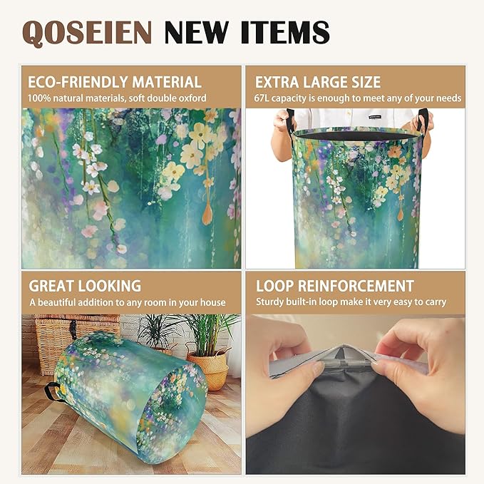 Abstract Flowers Laundry Basket,Spring Floral Collapsible Laundry Baskets with Handles,Waterproof Oxford Cloth Storage Basket 16"x20" for Bathroom/Bedroom/Dormitories