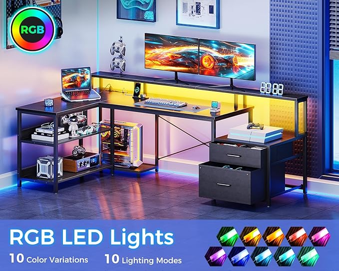 ODK L Shaped Desk with File Drawer, 66" Reversible L Shaped Computer Desk with Power Outlet & LED Strip, Home Office Desk with Storage Shelves, Gaming Desk with Monitor Shelf, Corner Desk, Black