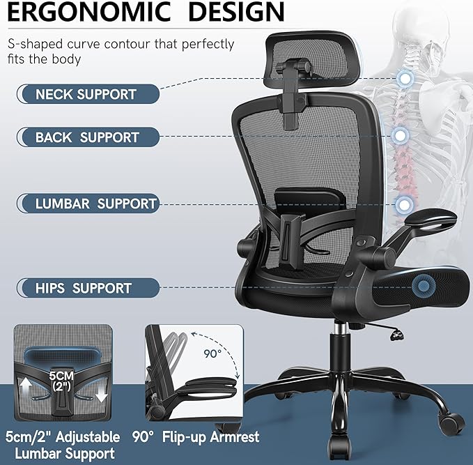FelixKing Ergonomic Office Chair with Adjustable Headrest, Desk Chair Lumbar Support Swivel Task Chair with Flip up Armrests, Computer Gaming Chair for Home/Conference Room (Black)