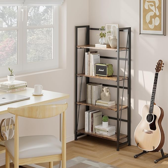 BHG Vintage Multifunctional Bookcase Folding Bookshelf, No-Assembly Plant Stand Storage Rack Shelves for Home Office (Fire, 4-Tier)