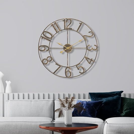 Sorbus 24-Inch Large Wall Clock – Decorative Brown Metal Clock with Gold Hands – Silent, Battery Operated, Modern Wall Decor for Living Room, Kitchen, or Office - Great Gift for Housewarming or Office