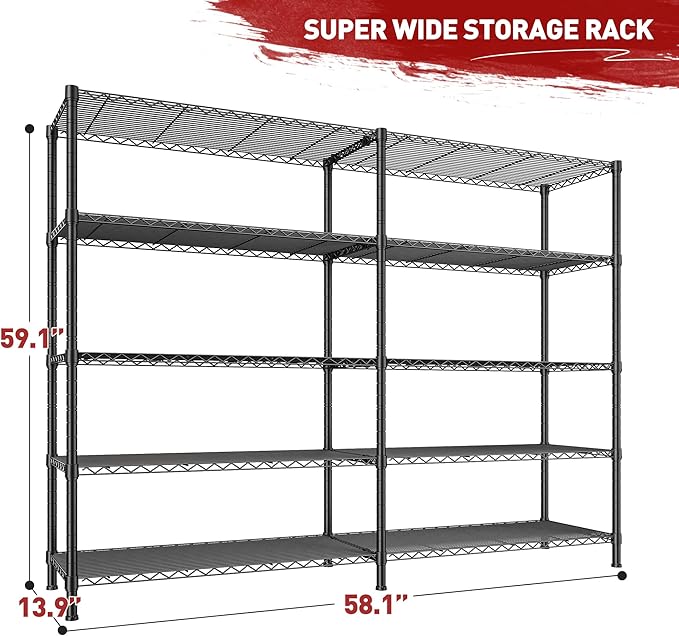 REIBII1450LBS Metal Shelving Unit Storage Shelves 5 Tier Wire Shelving 58.1''W Pantry Shelves Wire Shelf Adjustable Garage Shelving Heavy Duty Storage Rack for Pantry Kitchen Garage, Black