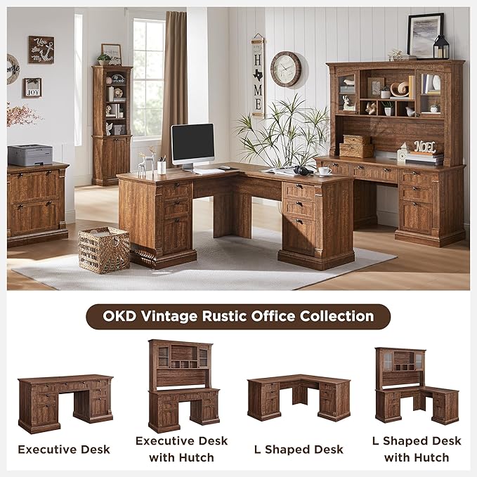 OKD 60" Executive Desk with Hutch and Drawers, Farmhouse Home Office Desk with Charging Station, Keyboard Tray, File Cabinet Storage, Wood Computer Desk for Work and Study, Reclaimed Barnwood