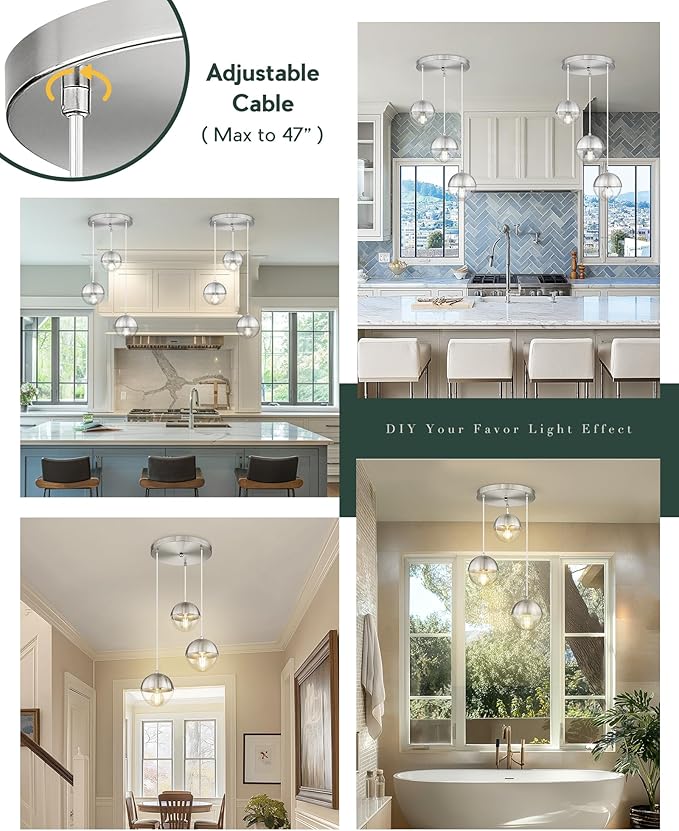 LMS Modern Brushed Nickel 3-Light Cluster Pendant Lights, Mid Century Pendant Lighting with Clear Globe Glass Shade, Adjustable Hanging Cord Ceiling Light for Bathroom Dining Room, LMS-186BNC3