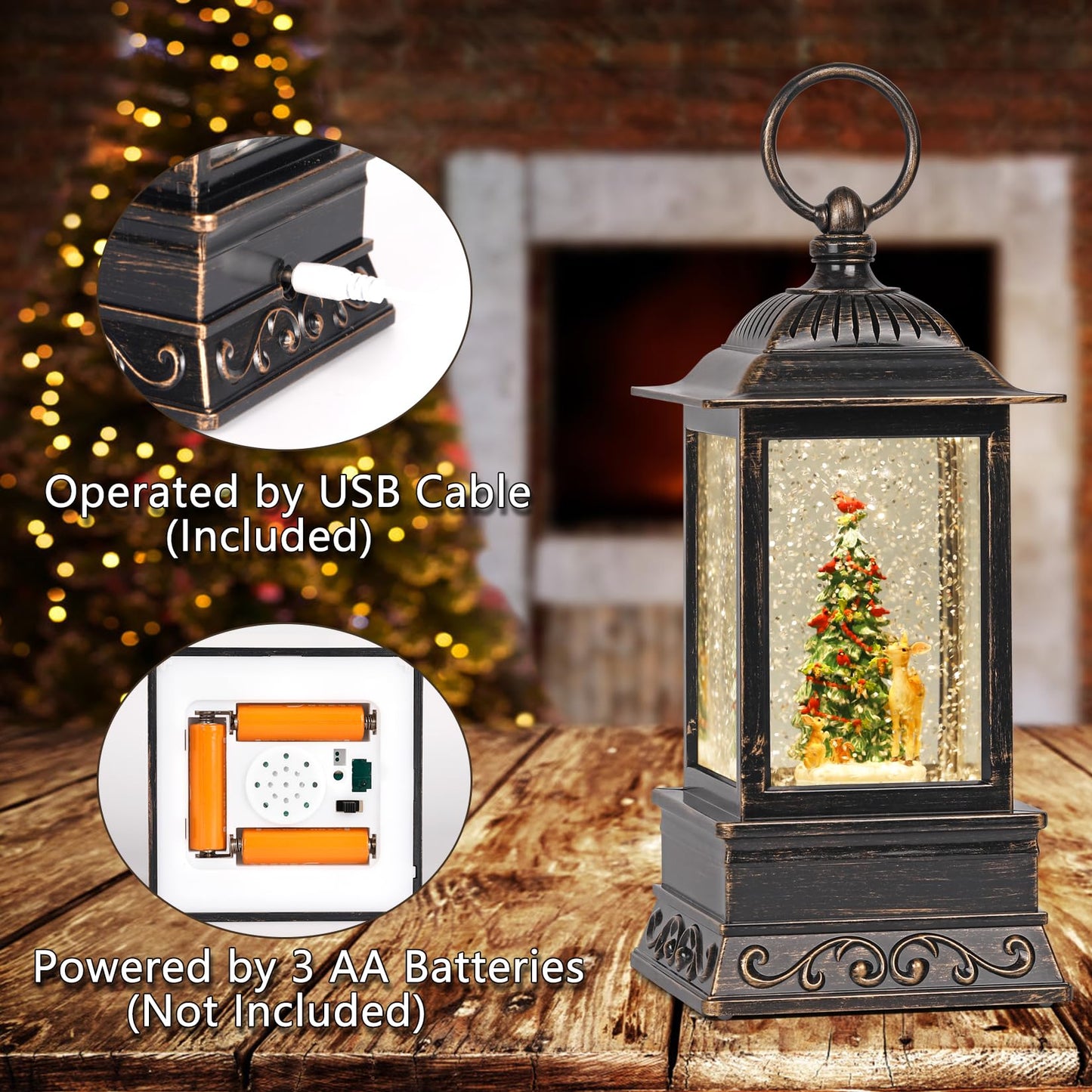 Christmas Snow Globe Decorations, Musical Glitter Christmas Tree Lantern with 6H Timer, USB/Battery Powered Lighted Décor for Home, Tabletop, Gift Box
