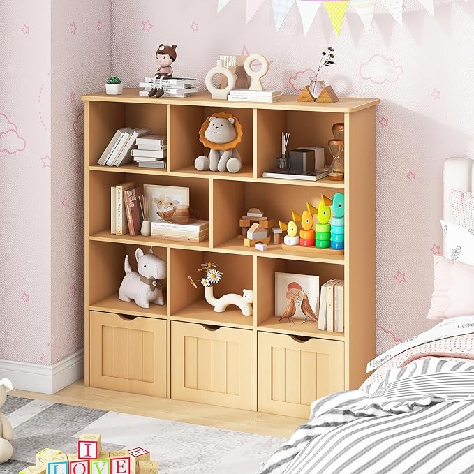 Toy Storage Organizer with Bookshelf, Large Toy Organizers and 3 Movable Drawers with Hidden Wheels and 8 Storage Cubbies, Kids Bookshelf and Toy Chest, Playroom Furniture, Oak