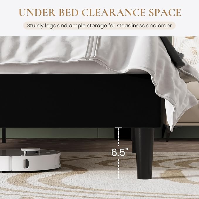 SHA CERLIN Full Size Bed Frame with Charging Station, Velvet Upholstered Platform Bed, Wingback Storage Headboard, Type-C & USB Ports, Strong Wooden Slats, No Box Spring Needed, Easy Assembly, Black