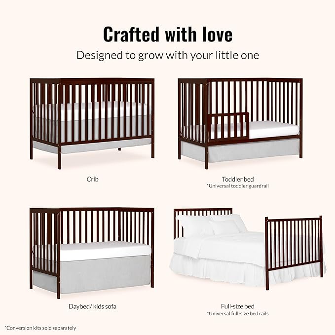 Dream On Me Synergy 5-in-1 Convertible Full-Size Baby Crib with Toddler, Day & Full Bed Conversion in Espresso, GreenGuard Gold & JPMA, 3 Mattress Heights, Sustainable Pinewood