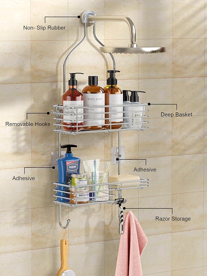 SMARTAKE Hanging Shower Head Caddy, Rustproof Bathroom Shower Shelf Organizer, SUS201 Stainless Steel Over The Storage Rack, for Toilet, Bathroom, Silver