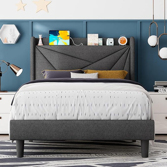 Feonase Twin Size Bed Frame with Charging Station, Upholstered Linen Platform Bed Frame with Wingback Headboard, Solid Wood Slats Support, No Box Spring Needed, Noise Free, Charcoal Grey