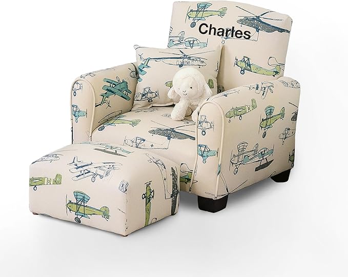 Toddler Personalized Armchair, Kids Upholstered Rocking Chair with Personalization, Toddler Chair with Personalized Name, Comfy Child Armchair, (Airplanes Print, Rockers)