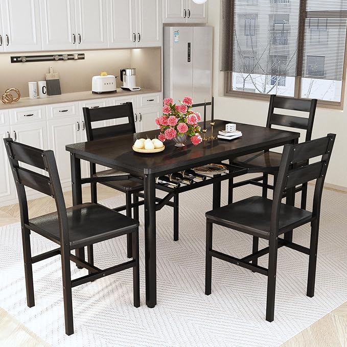 Hooseng Dining Table Set for 4, Wood Kitchen Table Chairs Set with Storage, Farmhouse 5 Piece Dining Room Table Set, Space-Saving Dinette Set for Breakfast Nook, Apartment (Black)