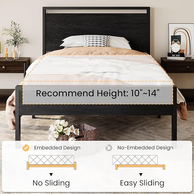 SHA CERLIN 14 Inch Twin Size Metal Platform Bed Frame with Wooden Headboard and Footboard, Mattress Foundation, No Box Spring Needed, Large Under Bed Storage, Heavy Duty Slats Support, Black Oak