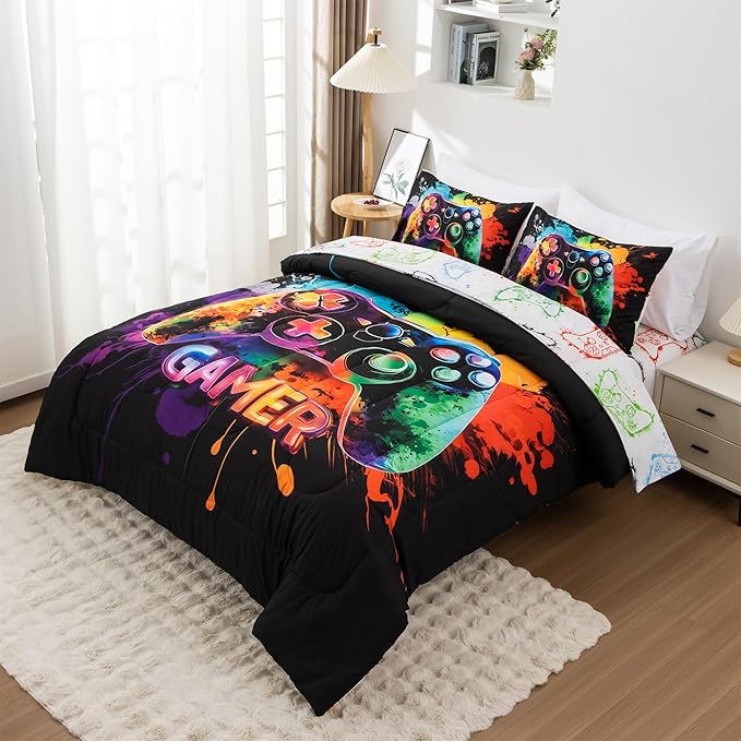 NTBED Game Console Comforter Set for Boys Girls Kids Tie Dye GamingLightweight Microfiber Gamer Bedding Sets (Multi, Queen 5Pcs)
