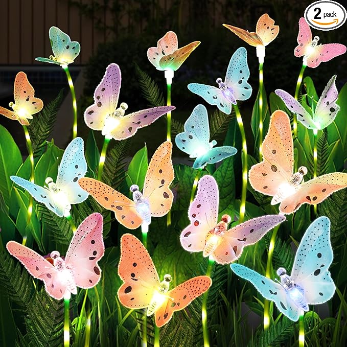 Solar Lights Outdoor Decorations Waterproof Newest Solar Garden Lights with Glowing Stems, 7-Color Changing Butterfly Flower Light for Outside Yard Pathway Garden Decor, Gift for Mother,2Pack
