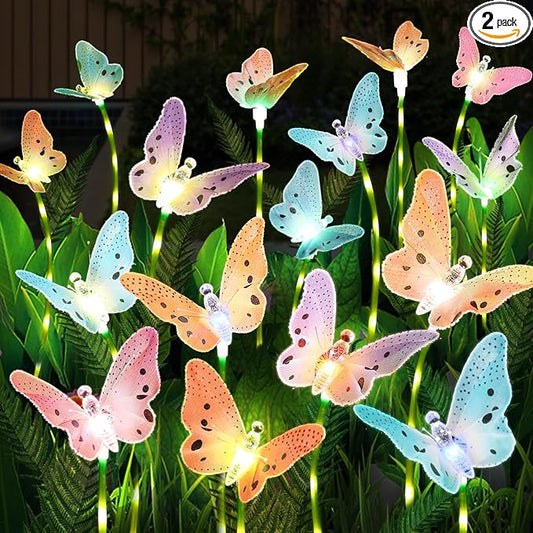 Solar Lights Outdoor Decorations Waterproof Newest Solar Garden Lights with Glowing Stems, 7-Color Changing Butterfly Flower Light for Outside Yard Pathway Garden Decor, Gift for Mother,2Pack