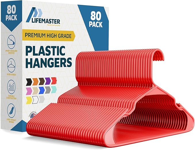 Plastic Clothes Hangers – Heavy Duty Hanger Set, for Organizing Clothes, Dresses, and Coat, Holds Up to 5 lbs, Space-Saving Hangers with Non-Slip Shoulder Grooves, Pack of 80, Red