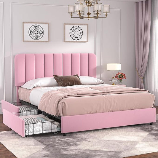VECELO Full Size Upholstered Bed Frame with 4 Drawers and Headboard, Velvet Platform Storage Bedframe, Wooden Slats Support, No Box Spring Needed,Pink