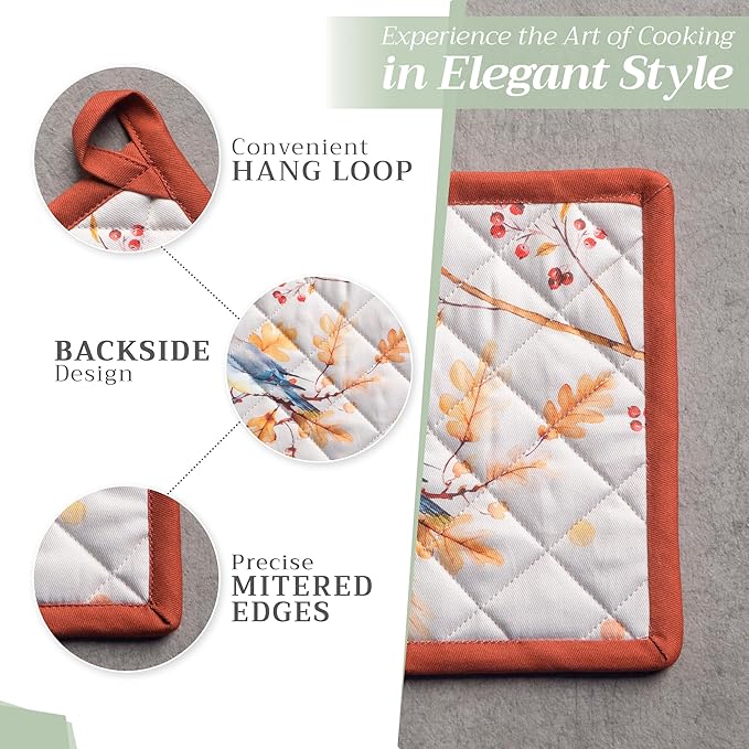 Maison d' Hermine Pot Holders Set 100% Cotton Heat Resistant Potholders 8" x 8" Hot Pads with Loop for Thanksgiving Christmas Decorations BBQ Cooking Baking Handling Hot Pans (Pack of 2, Oak Leaves)