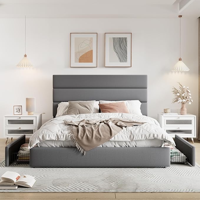 Allewie Modern Full Size Platform Bed Frame with 4 Storage Drawers and Velvet Upholstered Headboard, Wooden Slats Support, Upholstered Mattress Foundation/No Box Spring Needed/Easy Assembly, Grey