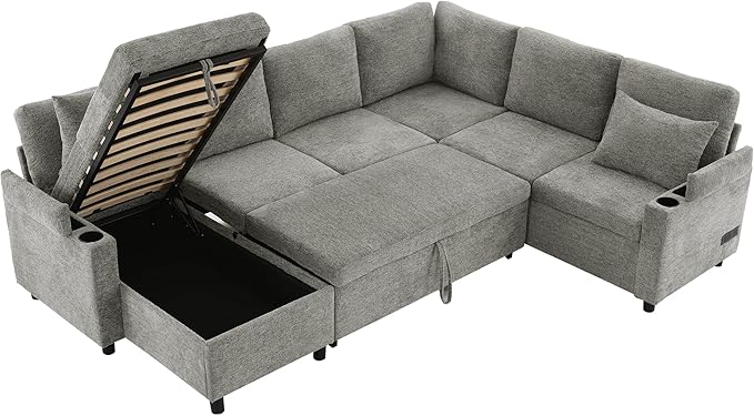 Ball & Cast 109.9" Sectional Sofa with Pull Out Bed, Chenille Upholstered Sleeper Sofa Bed with Storage Chaise, Convertible U Shaped Couch with Two Cup Holders and Charging Ports ，Light Grey