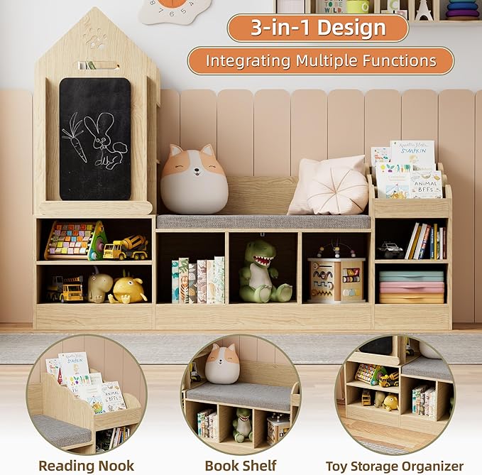 Xilingol Kids Reading Nook with Storage Bench and Chalkboard, Wooden Kids Bookshelf and Toy Storage, Toy Organizer for Boys & Girls, Toddler Reading Nook for Bedroom, Nursery, Playroom, Natural Oak