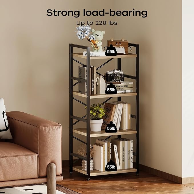 Bookshelf, Kid's Bookshelf, 4 Tier Small Bookcase, Metal Small Bookcase, Book Shelf Organization and Storage for Living Room, Bedroom, and Home Office (Light Coffee)