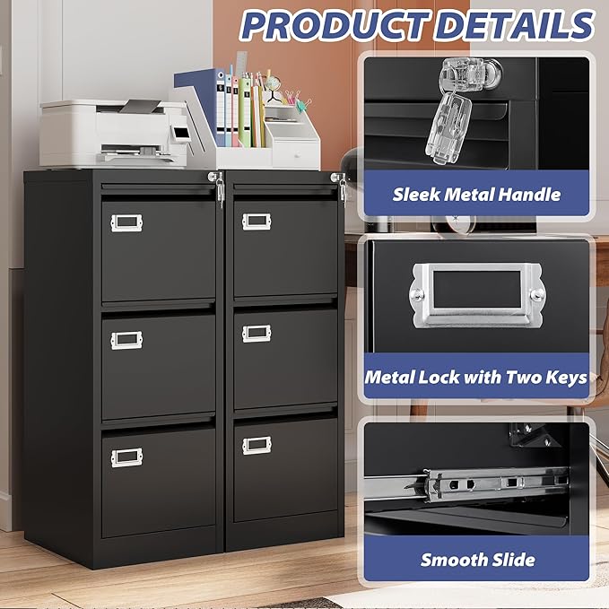 3 Drawer File Cabinet with Lock, Metal Filing Cabinets, Vertical Small Filing Cabinet Steel Lockable Storage Cabinets for Home Office to Organization Hanging Letter/Legal/F4/A4