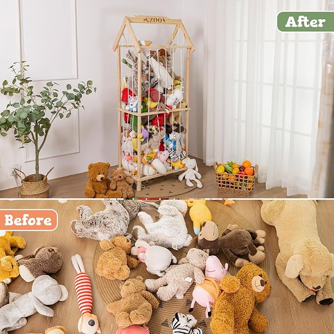 Stuffed Animal Storage, Wooden Stuffed Animal Holder Stuffed Animal Zoo Organizer Cage with Large Capacity, Using for Storing Plushies on Nursery Playroom Bedroom Decor Corner