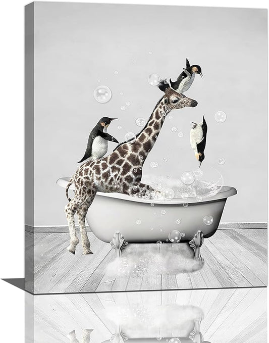 Funny Wall Art Giraffe and Penguin Bathroom Pictures for Kids - Animals in Bathtub Canvas Prints Artwork - Home Decorations for Bathroom, Bedroom, Toilet - Framed