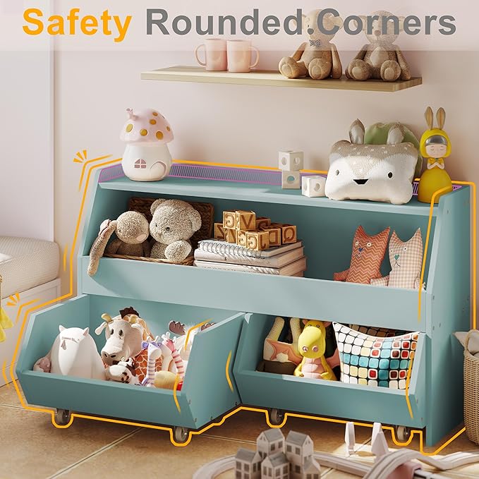 Toy Storage Organizer for Kids, Toy Storage Cabinet with Drawers, Boys and Girls Toy Shelf with Wheels, Toy Organizer Kids Bookshelf with Storage for Nursery, Playroom, Bedroom (Blue)
