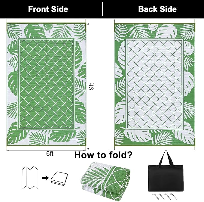 Ileading Outdoor Rug Carpet for Patio 6' x9' Waterproof Reversible Plastic Straw Rug Portable Outside Area Rug Camping Mat for Patio, Clearance, Balcony, Picnic, Pool, Beach, RV, Deck, Leaf Green