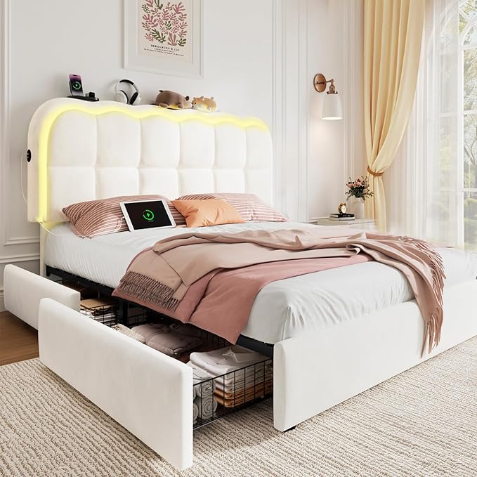 Full Size Bed Frame with 4 Storage Drawers and LED, Adjustable Clouds Headborad, Velvet Upholstered Platform Full Bed Frame with Charing Station, Wood Slats Support, No Box Spring Needed,White