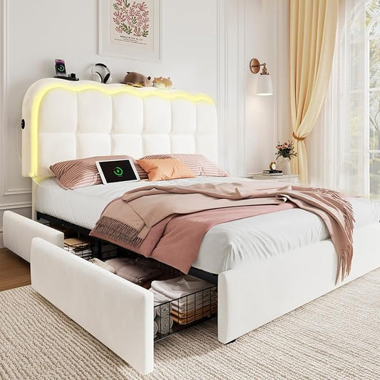 Full Size Bed Frame with 4 Storage Drawers and LED, Adjustable Clouds Headborad, Velvet Upholstered Platform Full Bed Frame with Charing Station, Wood Slats Support, No Box Spring Needed,White