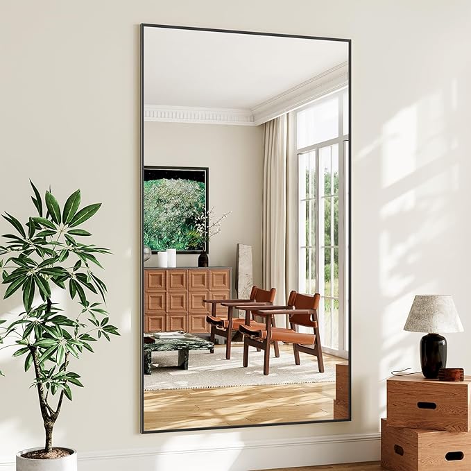 Koonmi 77"x38" Floor Mirror Full Length, Bedroom Floor Body Mirror with Stand, Large Black Mirror, Leaning, Standing or Hanging Horizontally/Vertically