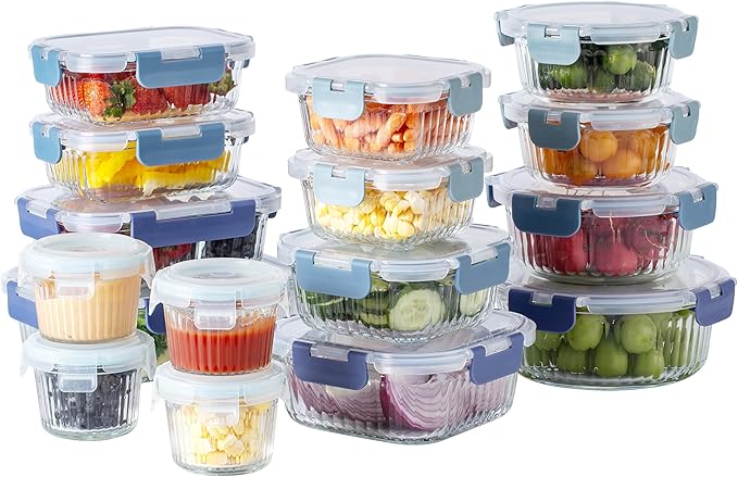 COOK WITH COLOR Premium 32-Pc. Borosilicate Glass Food Container Set with Dividers - 4 Rectangles, 8 Rounds, 4 Squares - Leakproof Lids - Meal Prep, Storage, Fluted Ombre Blue
