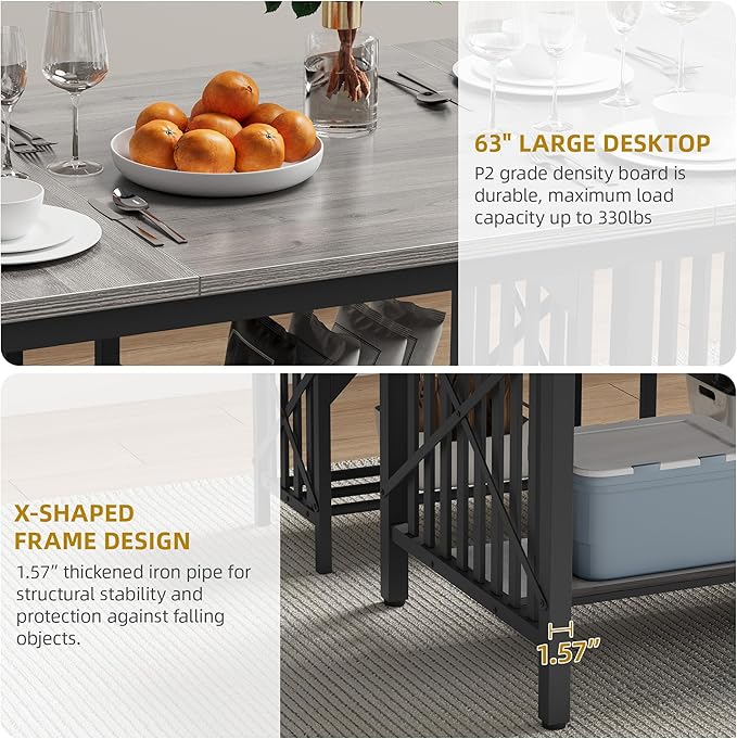 DWVO 3-Piece Dining Table Set for 4-6 People, 63" Dining Room Table with 2 Benches, Industrial Rectangular Dining Room Table Set with Storage for Kitchen, Dining Room, Grey