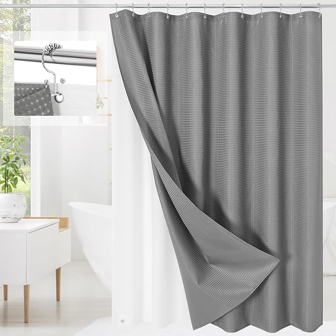 3 in 1 Long Shower Curtain Set-72 W x 78 H, Grey Waffle and PEVA Liner Set with 12 Stainless Steel Hooks, Waterproof Fabric for Bathroom