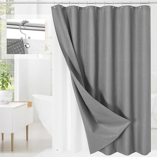 3 in 1 Long Shower Curtain Set-72 W x 78 H, Grey Waffle and PEVA Liner Set with 12 Stainless Steel Hooks, Waterproof Fabric for Bathroom