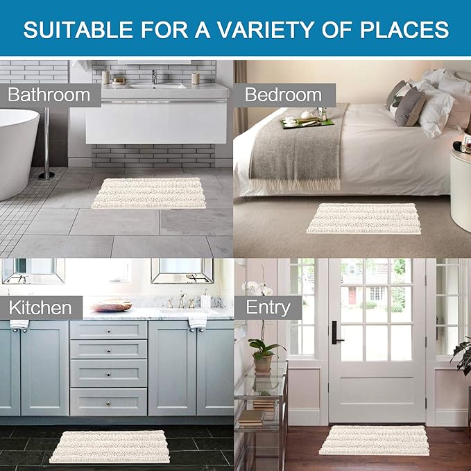 H.VERSAILTEX Bath Rugs for Bathroom Non Slip Bath Mats Extra Thick Chenille Striped Rug 20" x 32" Absorbent Non Skid Fluffy Soft Shaggy Washable Dry Fast Plush Mat for Indoor, Bath Room, Tub - Ivory