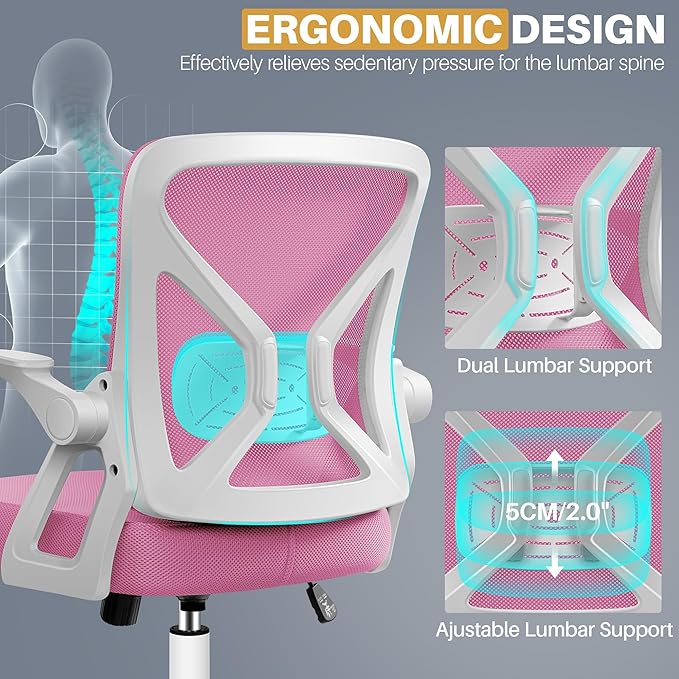 FelixKing Office Chair - Ergonomic Desk Chair Breathable Mesh Task Chair with Wheels and Lumbar Support Home Desk Office Chair with Flip up Armrest Rolling Swivel Computer Chair for Home Office Pink