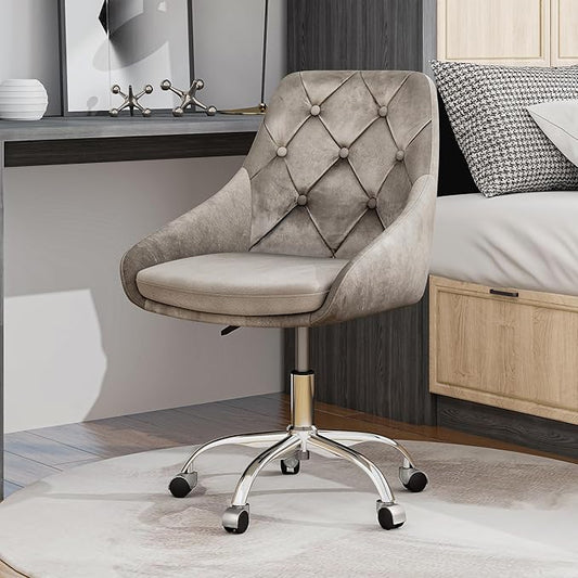 Furnimart 360° Swivel Rolling Desk Chair, Height Adjustable Vanity Chair with Silver Legs, Cute Task Chair with Wheels for Dorm Bedroom Studying Small Places (Velvet Gray)