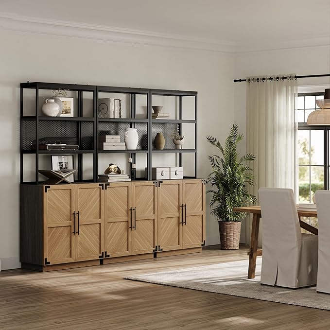 SICOTAS 5 Tier Bookcases Bookshelf with Storage - 75.3” Tall Bookcase with Doors, Large Heavy Duty Freestanding Display Cabinet Farmhouse Book Shelves for Living Room, Home Office, Small Space (3PCS)