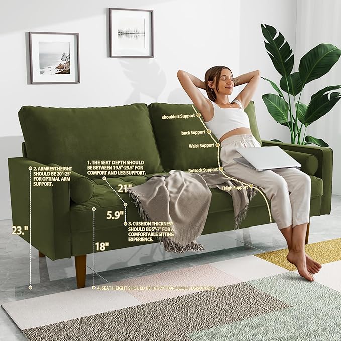 Modern Sofa,70 Inch Velvet Couch for Living Room,Spring Cushions,Solid Wood Frame,Easy Assembly for Small Spaces (Olive Green)