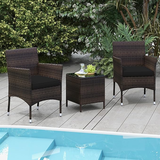 Tangkula 3 Pieces Patio Rattan Furniture Set, Outdoor Conversation Set with PE Wicker Armchairs, Tempered Glass Top Coffee Table, Soft Removable Cushions, for Porch Garden Yard Balcony (Black)