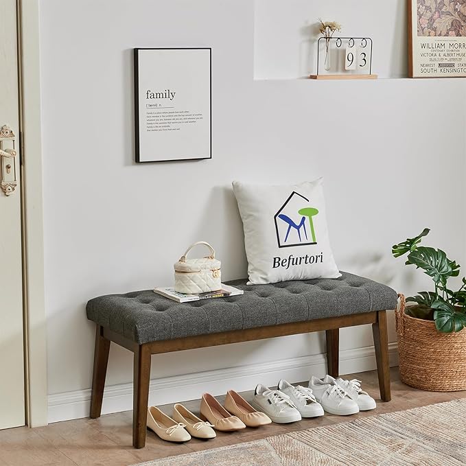 End of Bed Bedroom Bench, Linen Upholstered Tufted Bench for Bedroom End of Bed with Solid Wood Legs for Bedroom Living Room Entryway(Dark Gray)